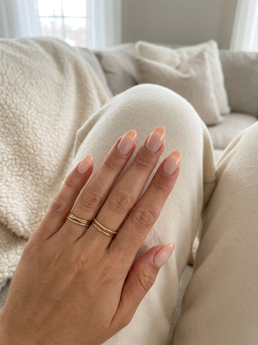 Holographic Sunset French Nails 2026 | Wedding & Evening Glam Holographic Sunset French nails: peach jelly tips with shimmer for weddings & summer evenings 2026.