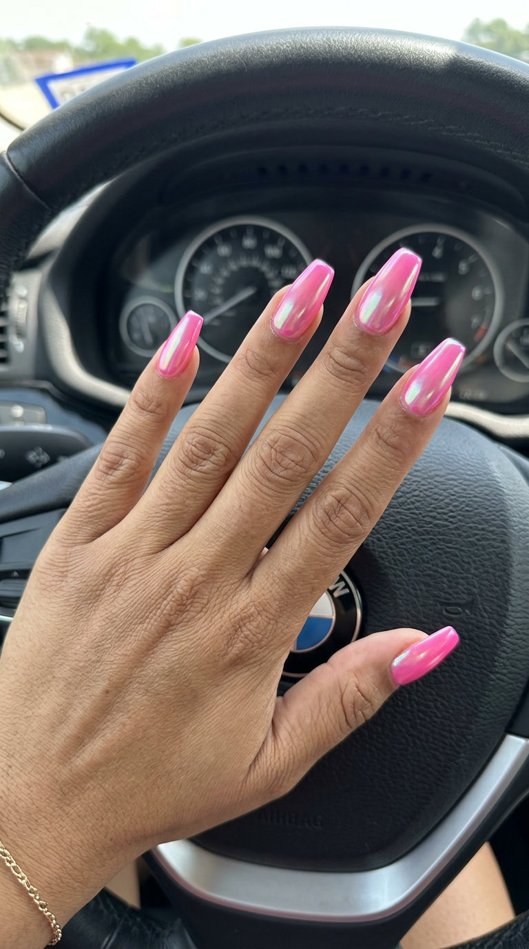 Hot Pink Glazed Donut Stilettos 2026: Glamorous Party Nails Hot pink glazed donut stiletto nails for colourful summer nails 2026 party or date night. Glamorous and playful.