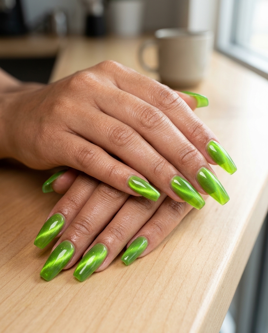 Lime Green Jelly Cat-Eye Nails 2026 | Festival & Summer Fun Lime Green Jelly Cat-Eye nails: translucent with shifting effect for festivals & summer concerts 2026.