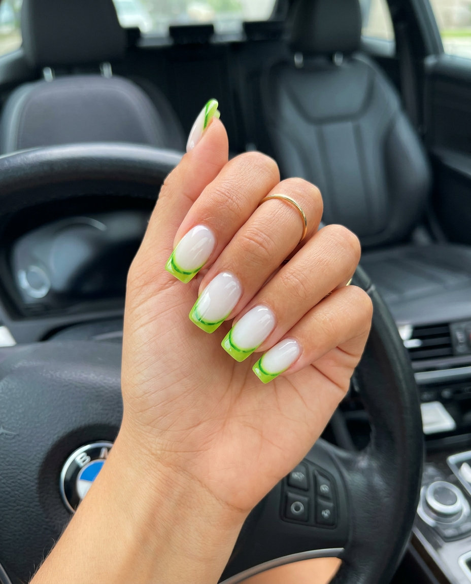 Lime Green Jelly Watermelon French 2026: Fun Festival Nails Lime green jelly watermelon French nails for colourful summer nails 2026 vacation or festival. Playful and fruity.