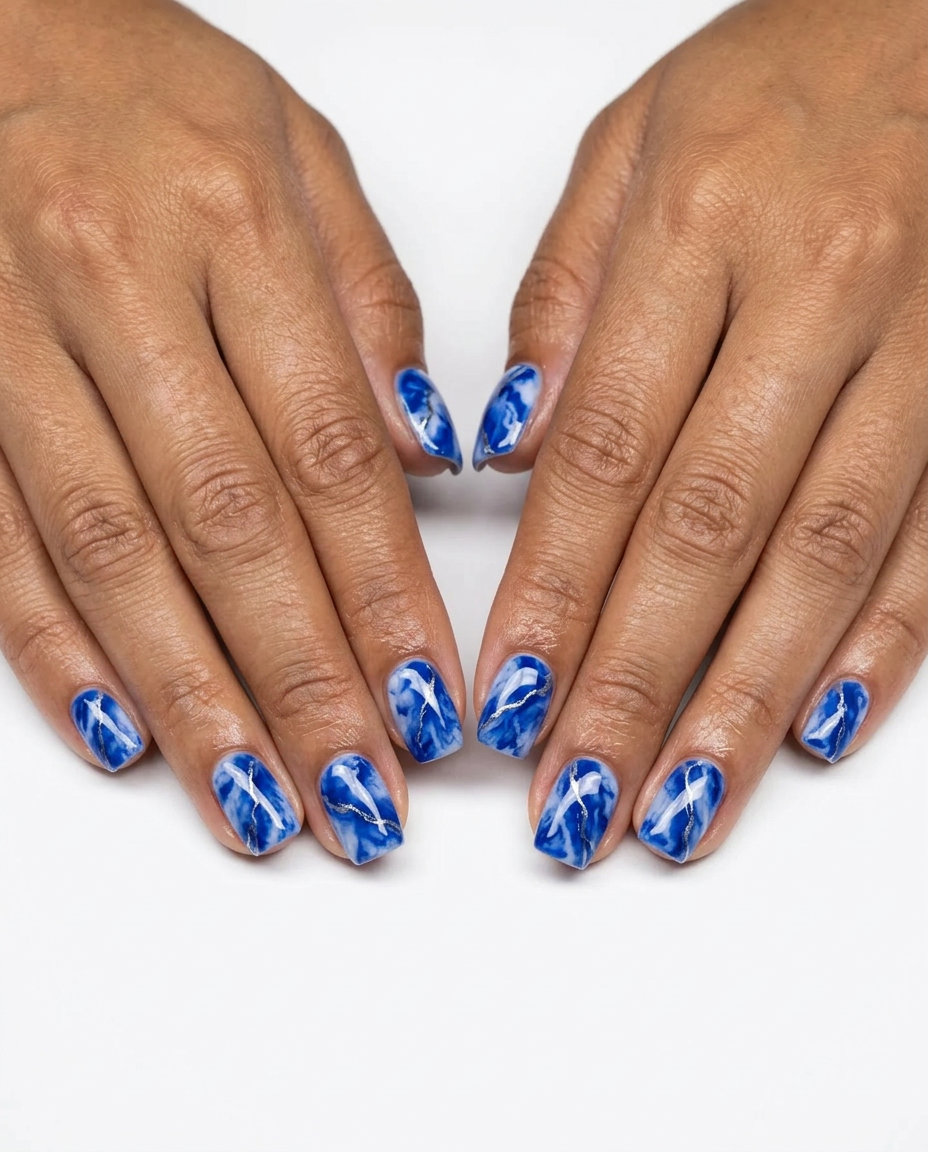 Artistic Marble Blue Squoval Nails 2026 Sophisticated cobalt blue and white marble squoval nails for business casual, a chic colourful summer nails 2026 style.