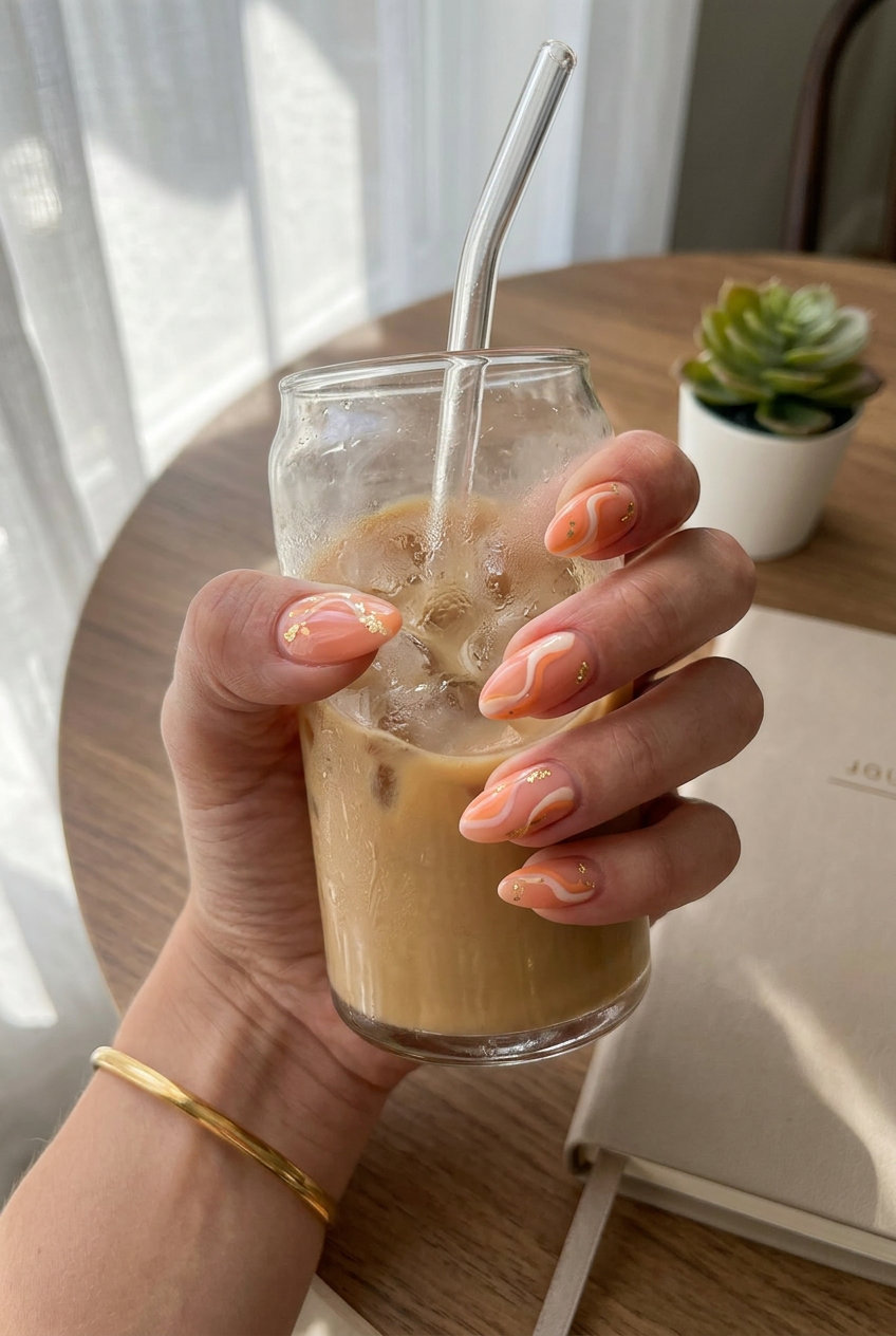 Bohemian Sunset Swirls Peach Almond Nails 2026 Bohemian peach coral almond nails with gold foil for vacation, a warm colourful summer nails 2026 style.