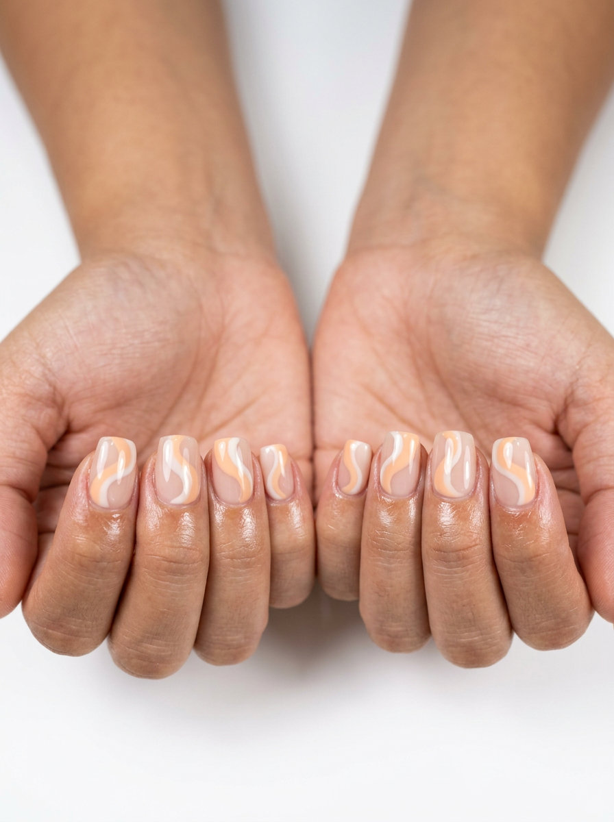 Sweet Creamsicle Swirls Squoval Nails 2026 Sweet peach and white swirl squoval nails for brunch, a delightful colourful summer nails 2026 design.