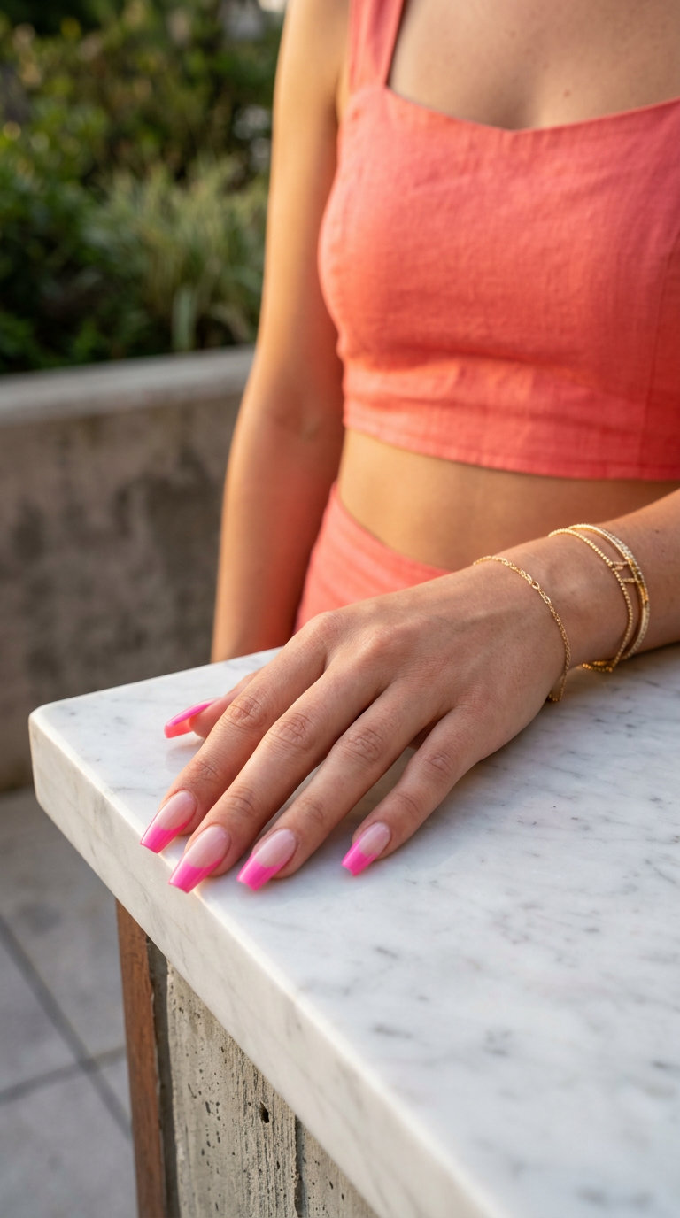 Pop Art French Nails 2026: Hot Pink Party Style Pop Art French hot pink negative space nails for colourful summer nails 2026 party look. Bold and playful.