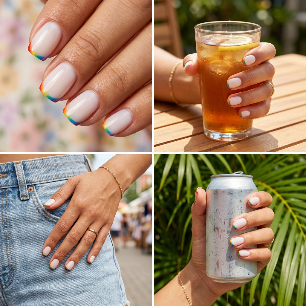 Joyful Rainbow Micro French Squoval Nails 2026 Playful rainbow micro French tips on milky white squoval nails for summer, a joyful colourful summer nails 2026 trend.