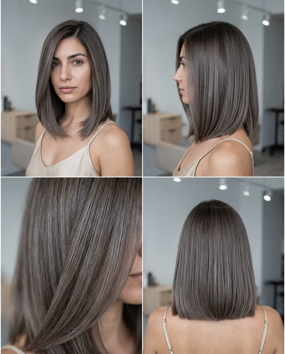 collarbone-length cool ash lob with blunt perimeter and deep side part for professional chic