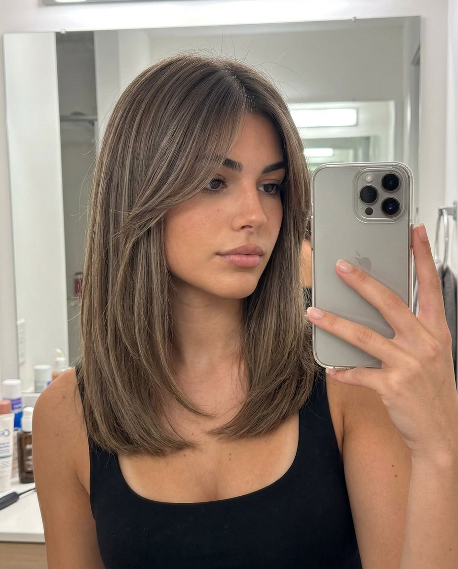 collarbone-length cool beige brunette with curtain bangs and invisible layers for minimalist chic