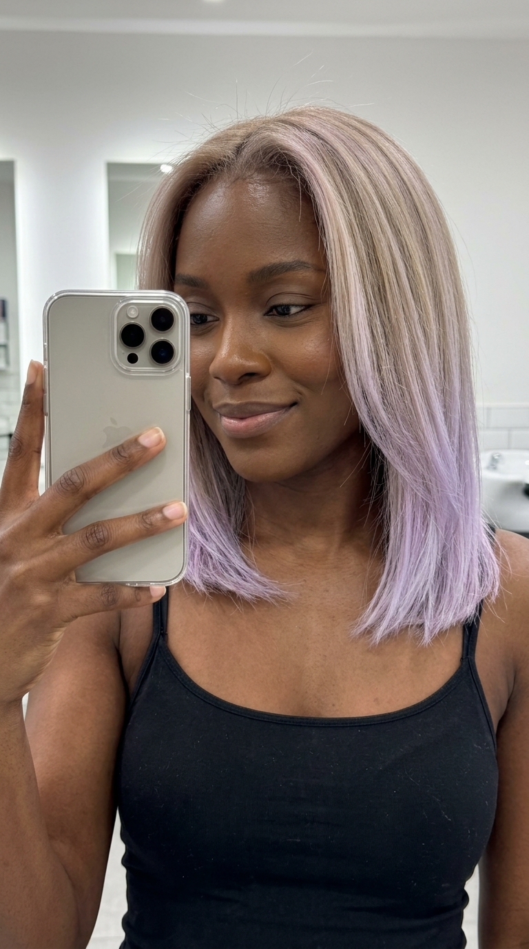 very short cool blonde to icy lilac dip-dye with textured layers and no fringe for music festival
