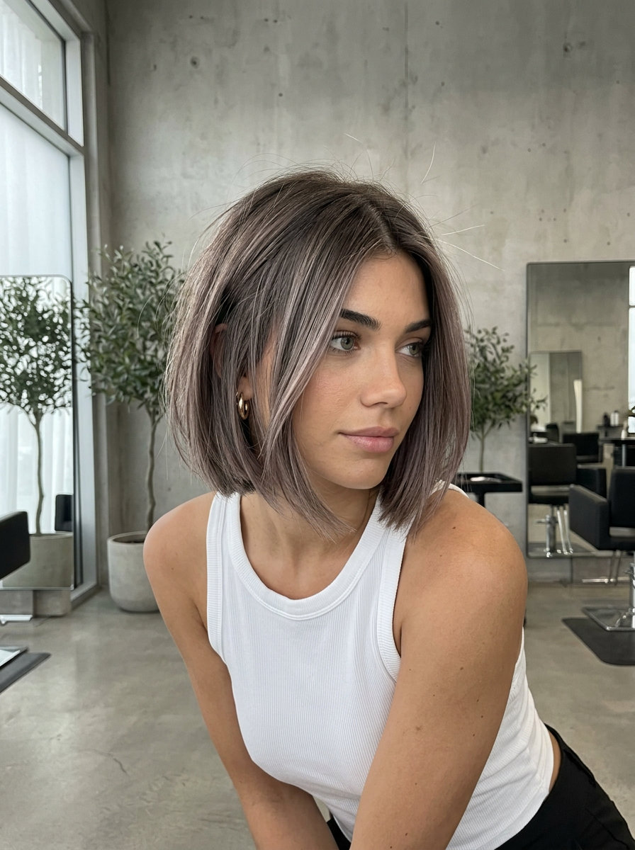 short cool brown italian bob with ash blonde balayage, charcoal root smudge, no fringe — sophisticated brunch