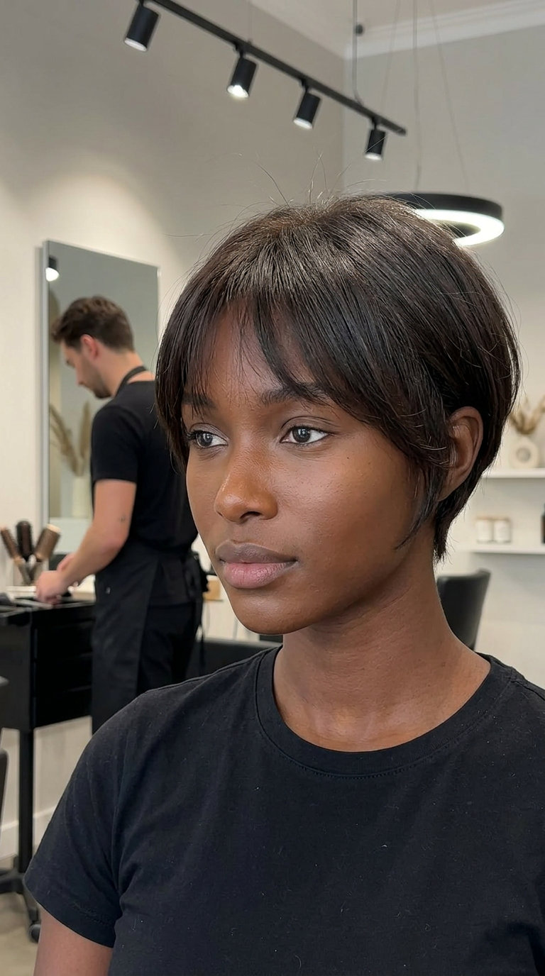Parisian Chic Bixie Haircut 2026 short bixie haircut in cool-toned brunette with wispy fringe for sophisticated daily chic