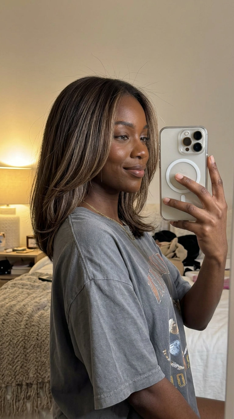 long cool caramel balayage with muted beige highlights and face-framing pieces for brunch