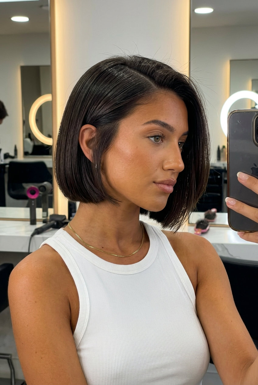 Executive Edge French Bob 2026 short french bob with cool espresso roast, high-gloss finish and tapered nape for professional mood