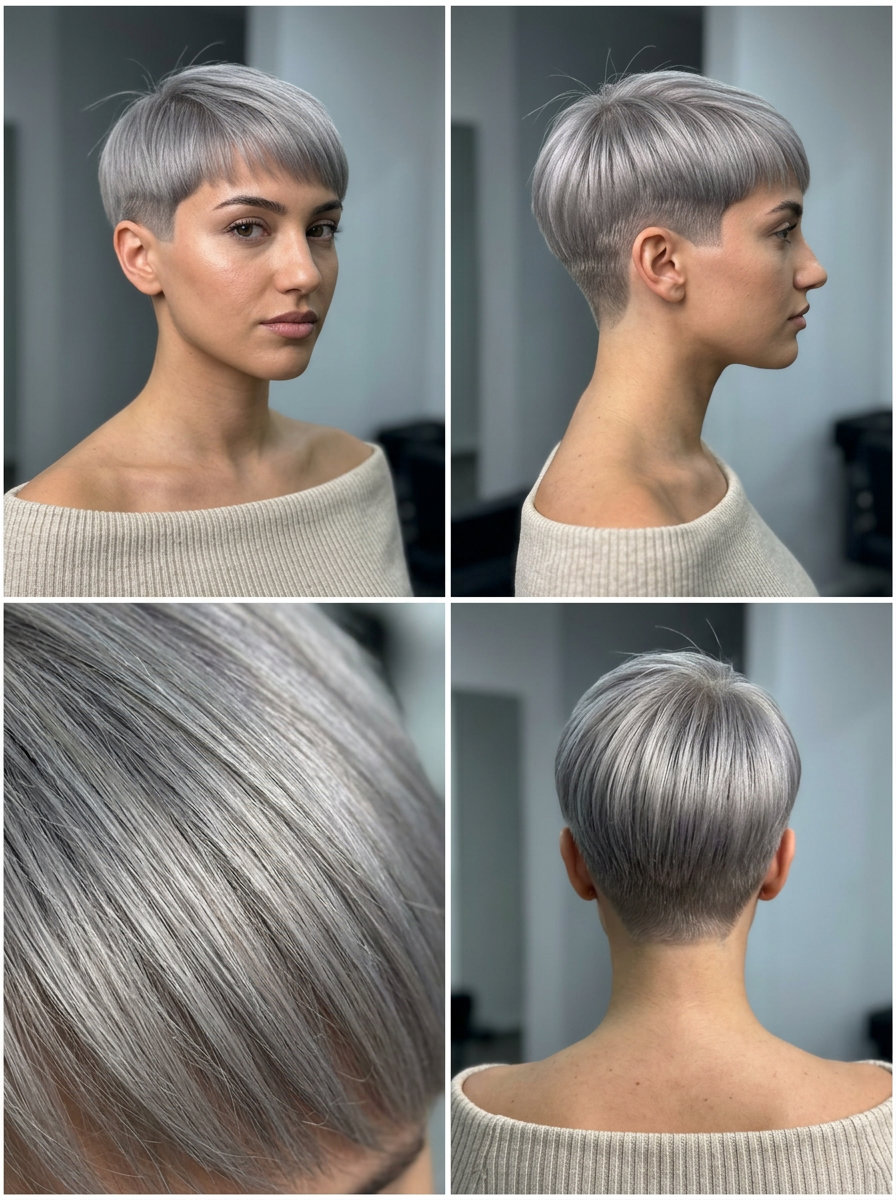 short sculpted crop with uniform cool linen grey, clipper-fade sides, and blunt top for modern chic