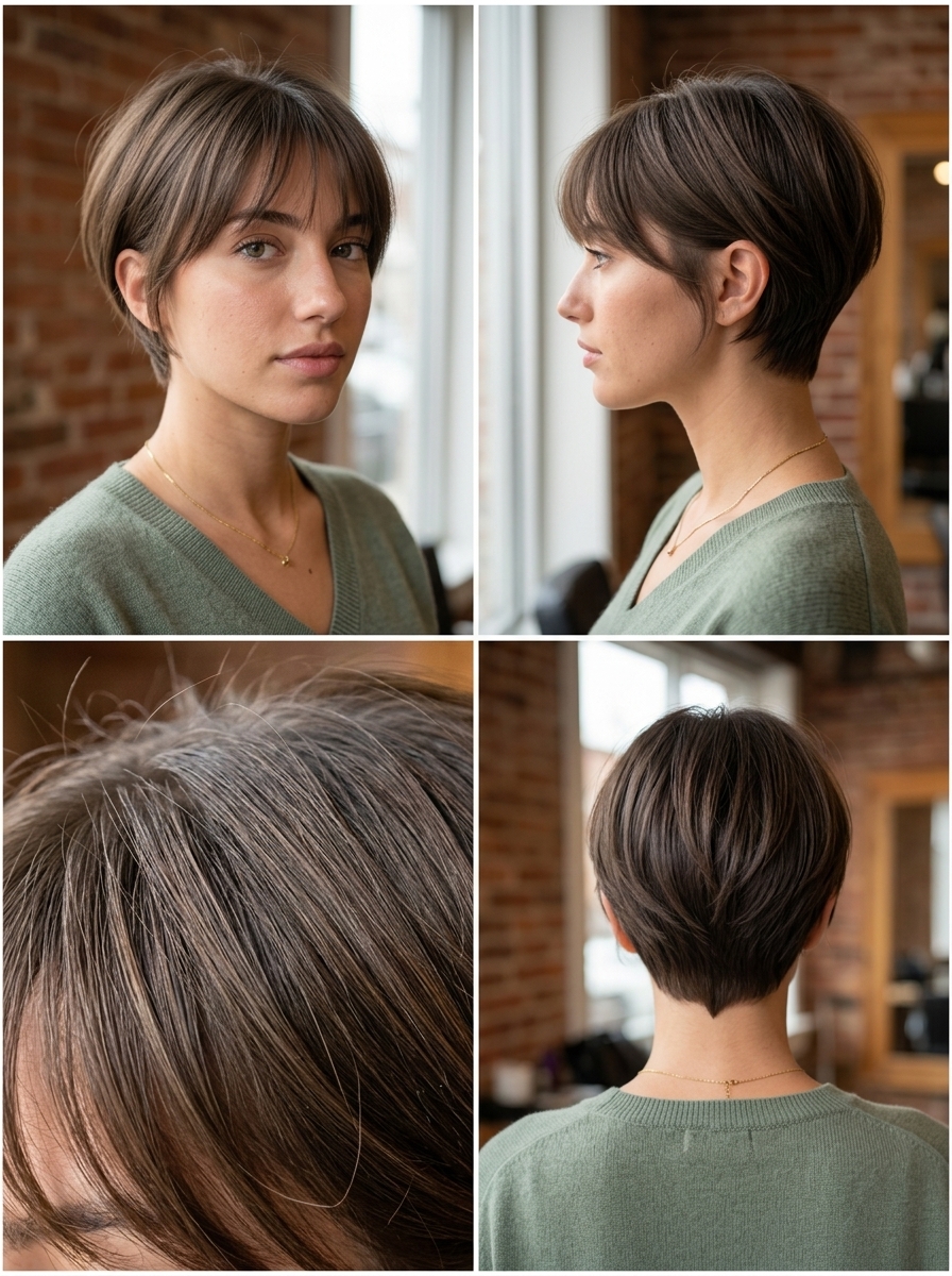short pixie haircut with natural cool medium brown, point-cut layers and wispy fringe for daily wear