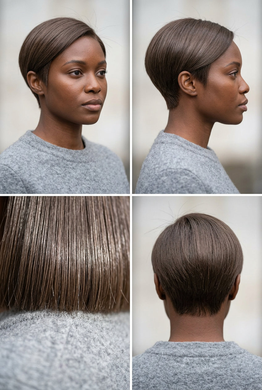short ear-length Scandi crop cool mushroom brown with blunt perimeter and tapered sides for effortless style
