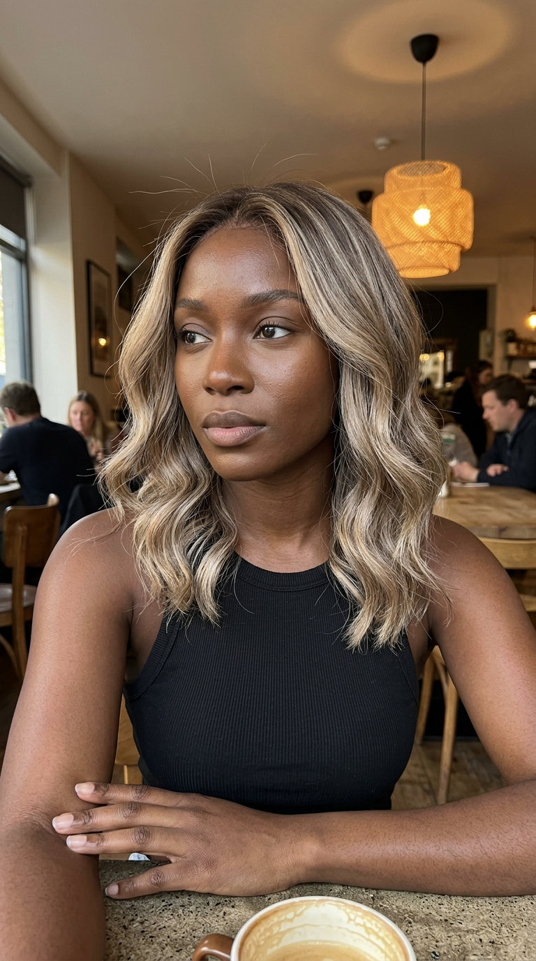 long cool sand blonde foilayage with neutral-ash pearl toner, hand-painted highlights for natural, sun-kissed look