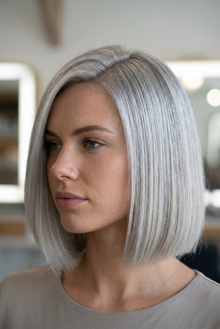 Chic French Bob 2026: Cool Silver short french bob haircut with cool silver, pearl-ash highlights and blunt perimeter for modern sophistication