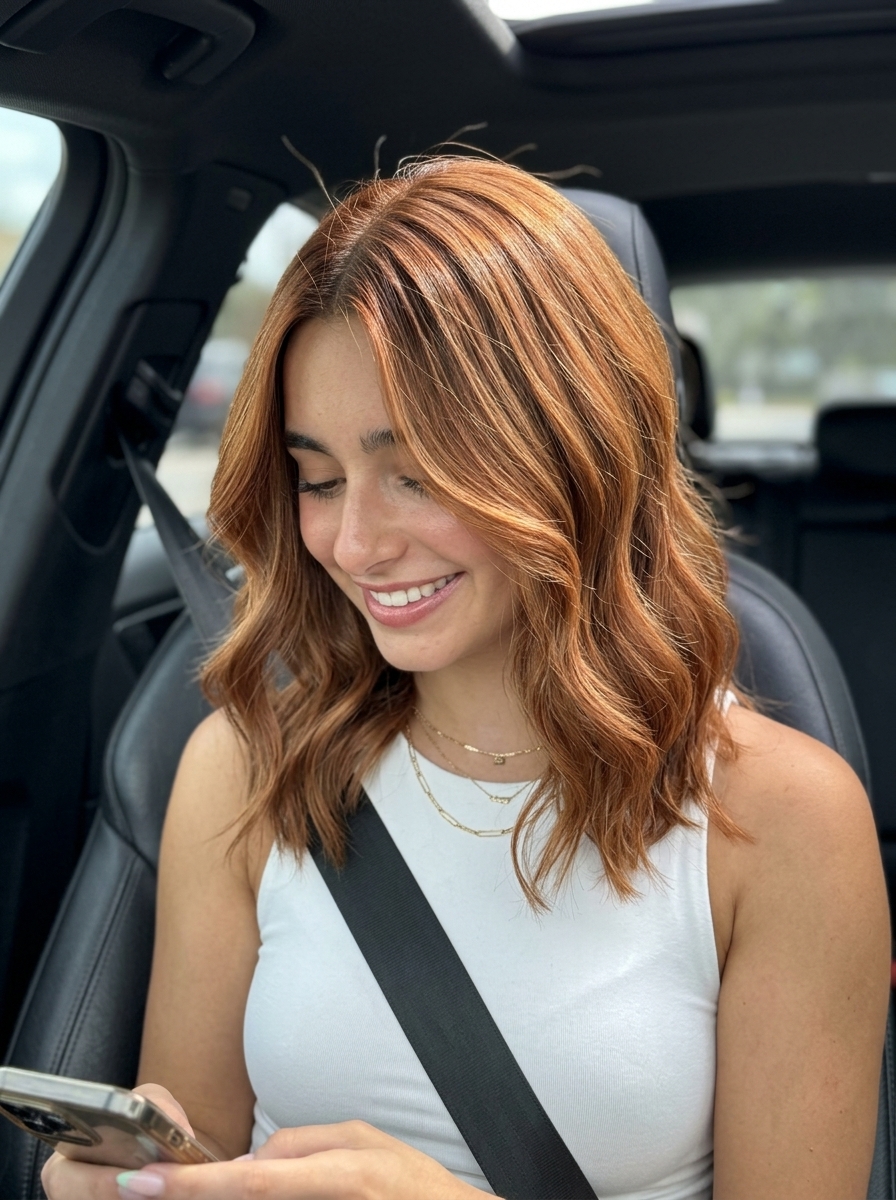 long copper bronze fusion balayage with golden caramel, textured lob, no fringe — glamorous metallic glow