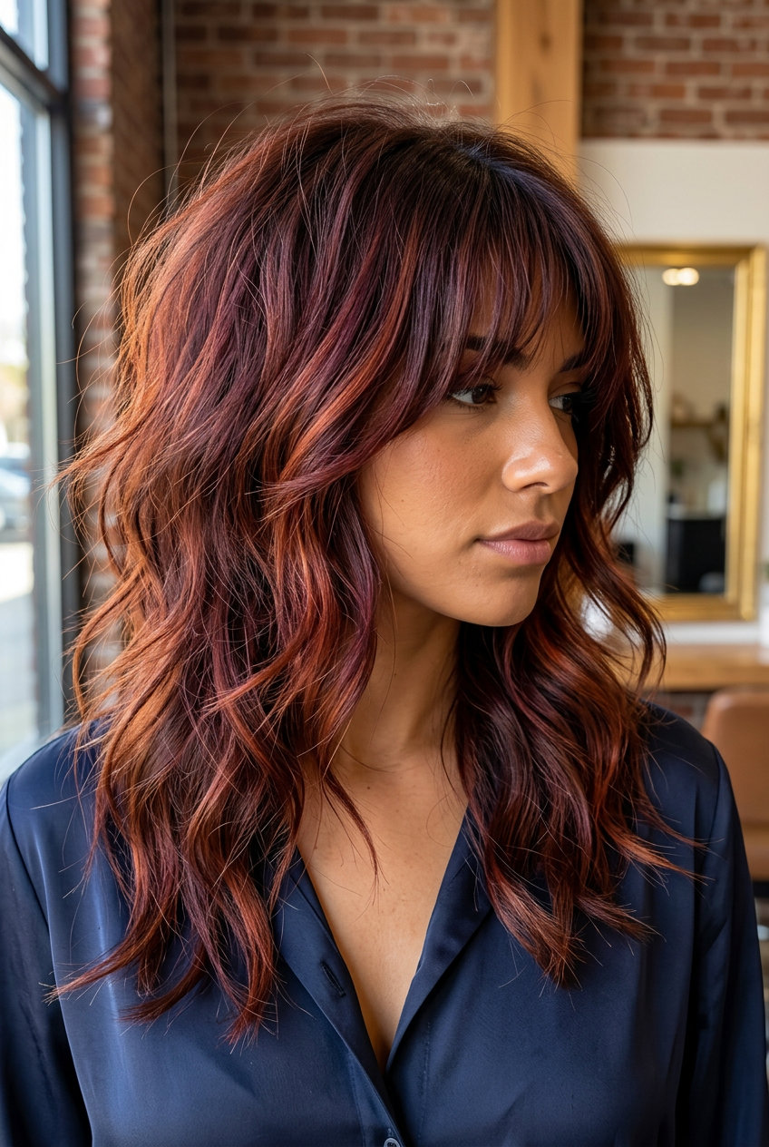 medium-long copper cherry cola wolf cut with cherry-violet melt, dramatic razored layers, brow-grazing fringe — bold, edgy, fiery