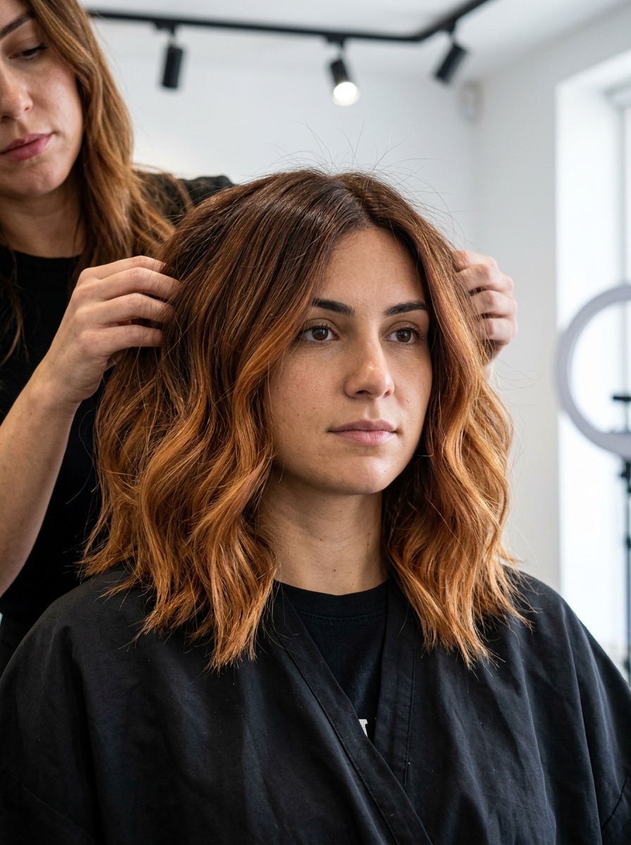 long copper chestnut balayage with golden amber, subtle layers, no fringe — warm inviting dimension