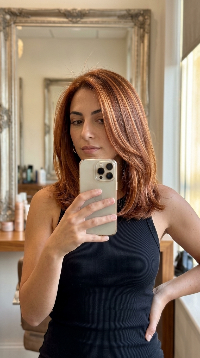 long layered copper coin highlights balayage with metallic gold, retro glam for evening out