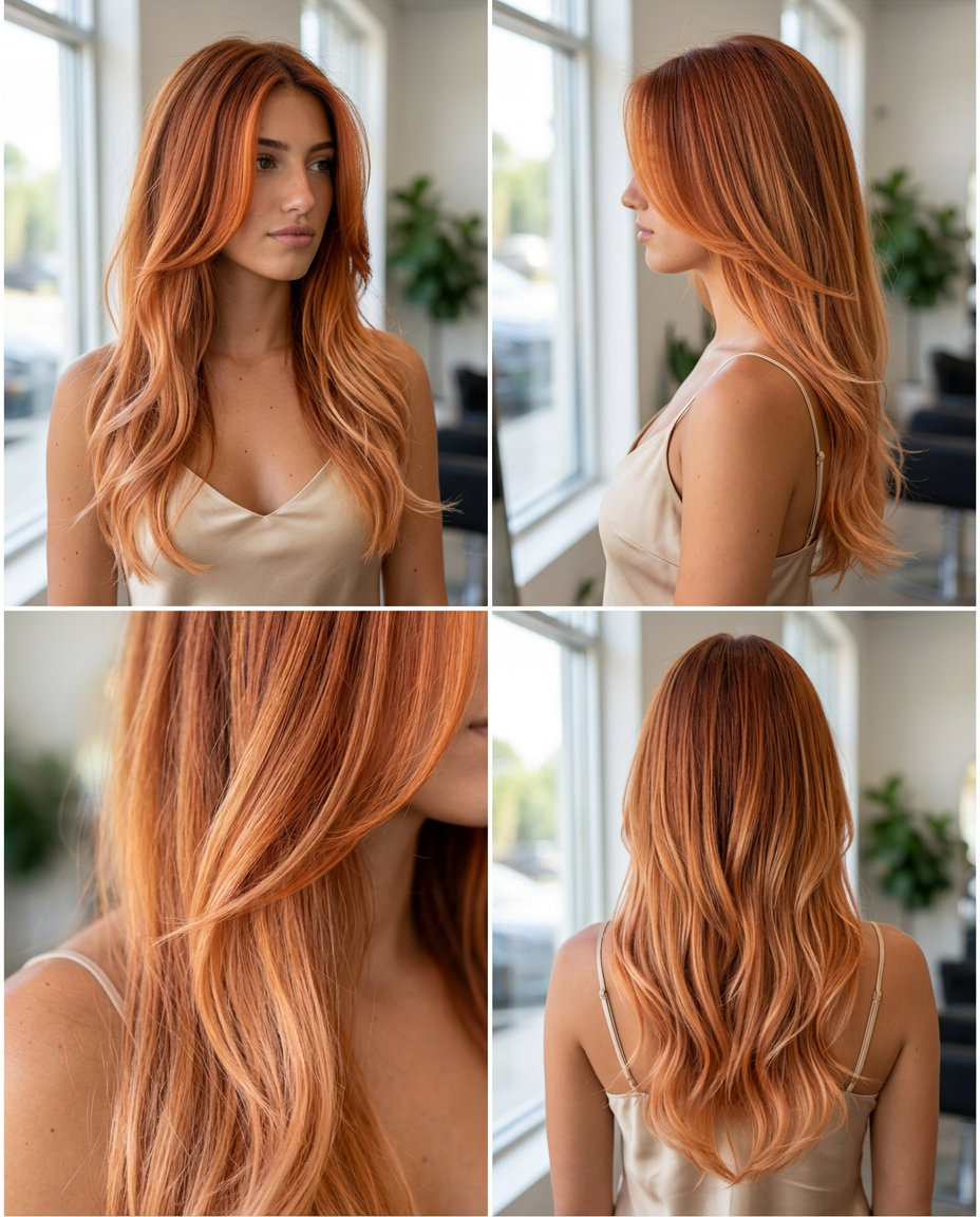 long copper-gold to peach-gold ombre with face-framing layers and soft ends — vibrant romantic