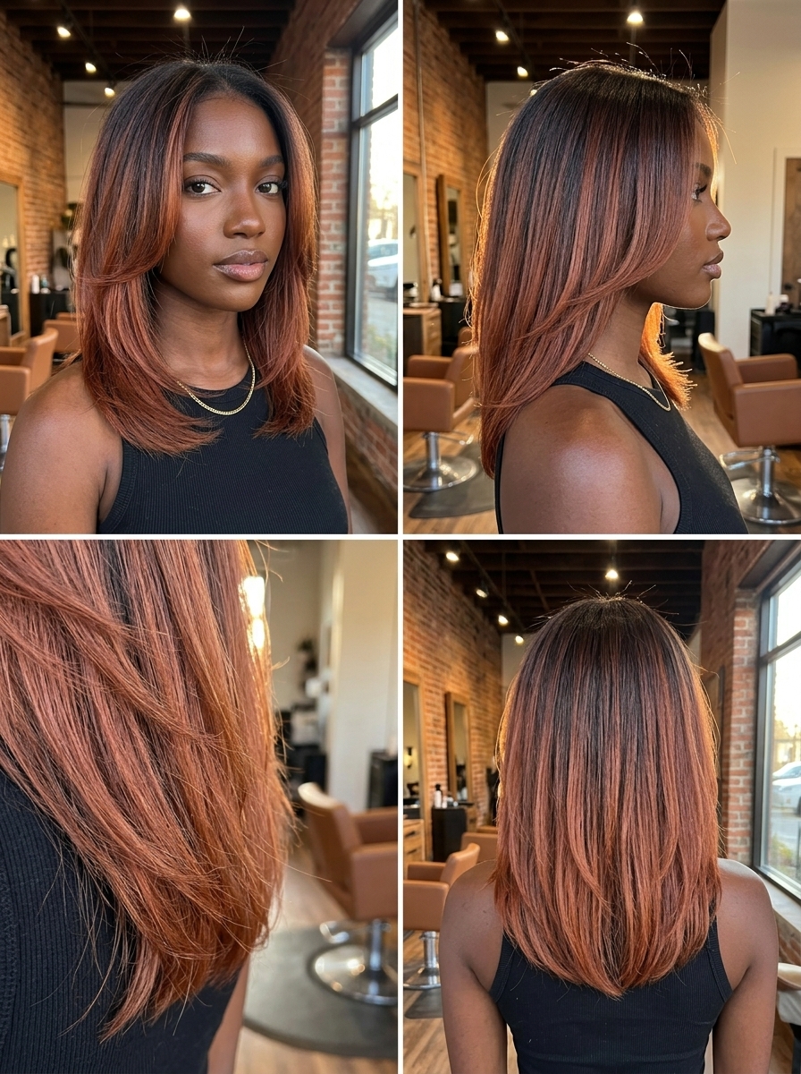 Muted Copper Reverse Balayage for Dark Skin 2026 long textured layers muted copper reverse balayage with terracotta undertones, soft blend β natural earthy mood