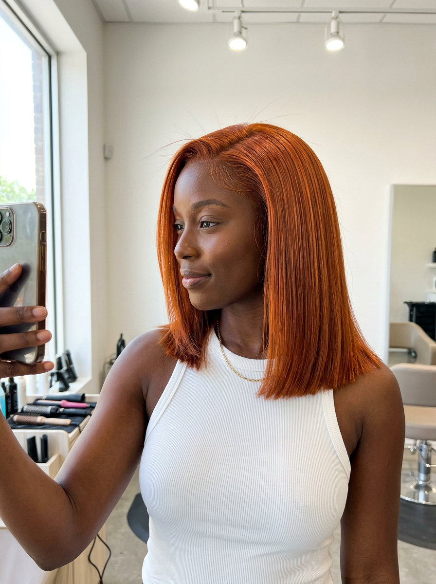 medium-length metallic copper-orange bob, no fringe — bold, vibrant