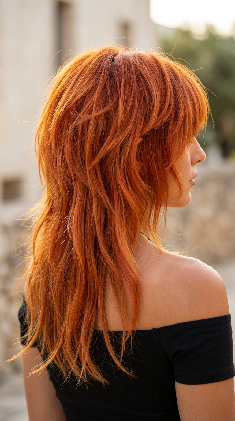 Copper Wolf Cut with Choppy Bangs 2026 medium-length copper wolf cut with choppy bangs and razored layers