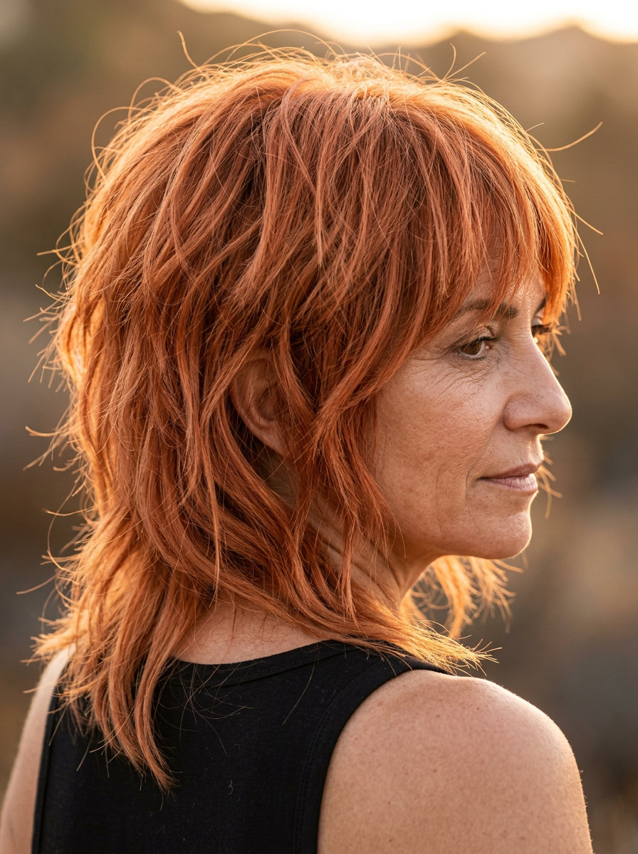 medium shag haircut with muted nectarine copper, apricot, strawberry blonde, curtain bangs — edgy, bold