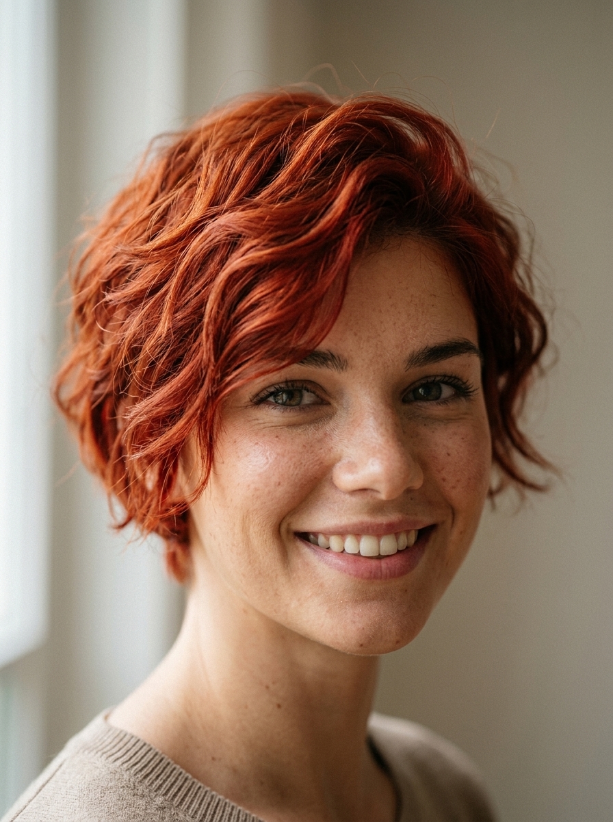 Fiery Copper Pixie 2026: Playful Waves & Highlights very short pixie haircut in copper penny with golden babylights, soft taper, natural root β playful summer party style