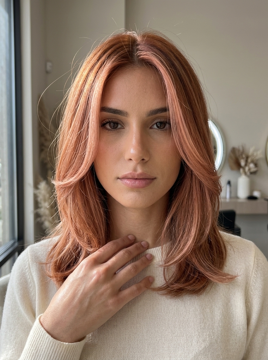 long layered copper rose gold balayage with soft pink undertones, color melt for date night
