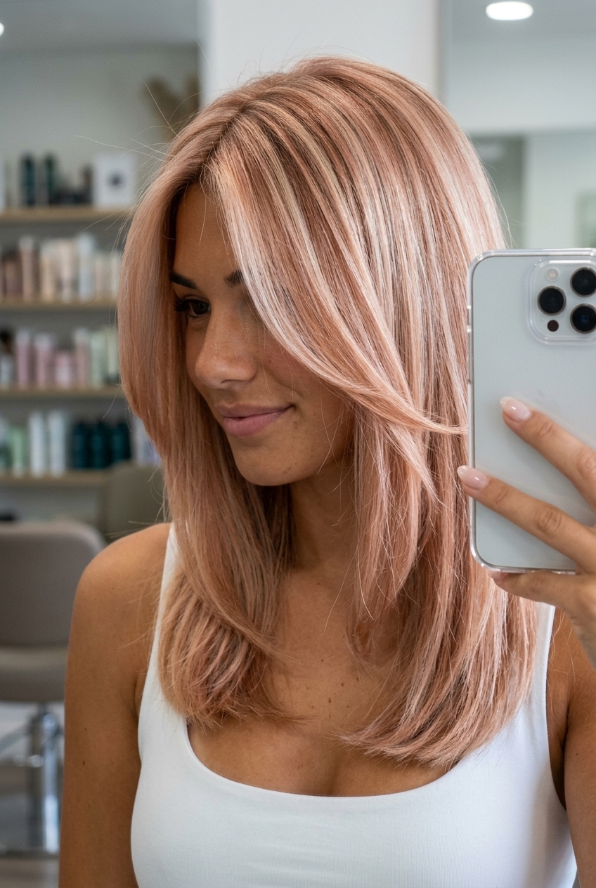 long copper rose tint balayage with strawberry blonde, airy layers, no fringe — romantic ethereal glow