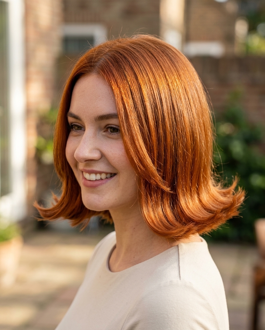 Gorgeous Summer Blunt Bob 2026: Sunset Copper Flip Bob short blunt bob haircut with sunset copper color, outward flip, off-center part β retro, glamorous