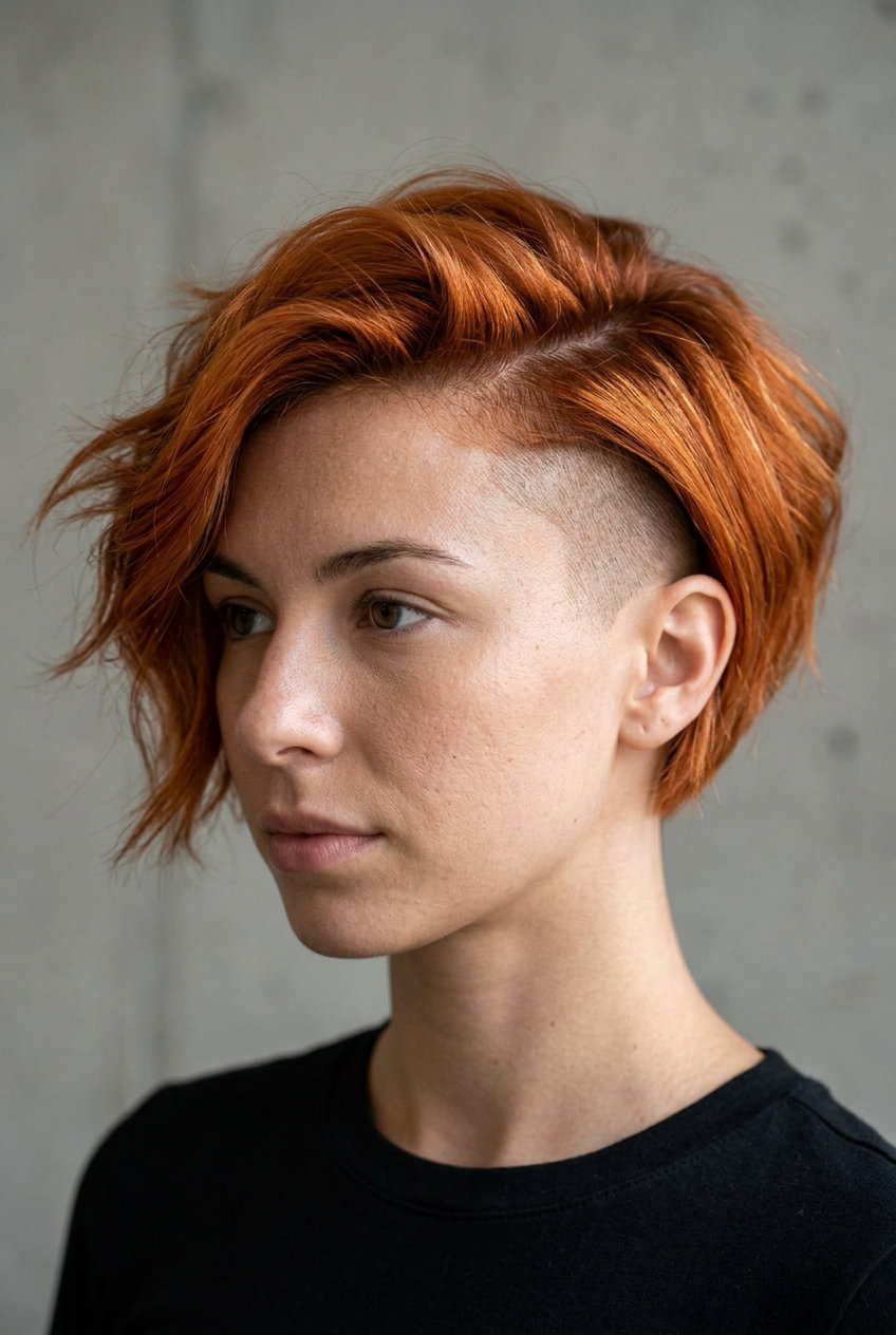 short asymmetrical pixie haircut in vibrant copper with shaved sides and textured layers for a music festival