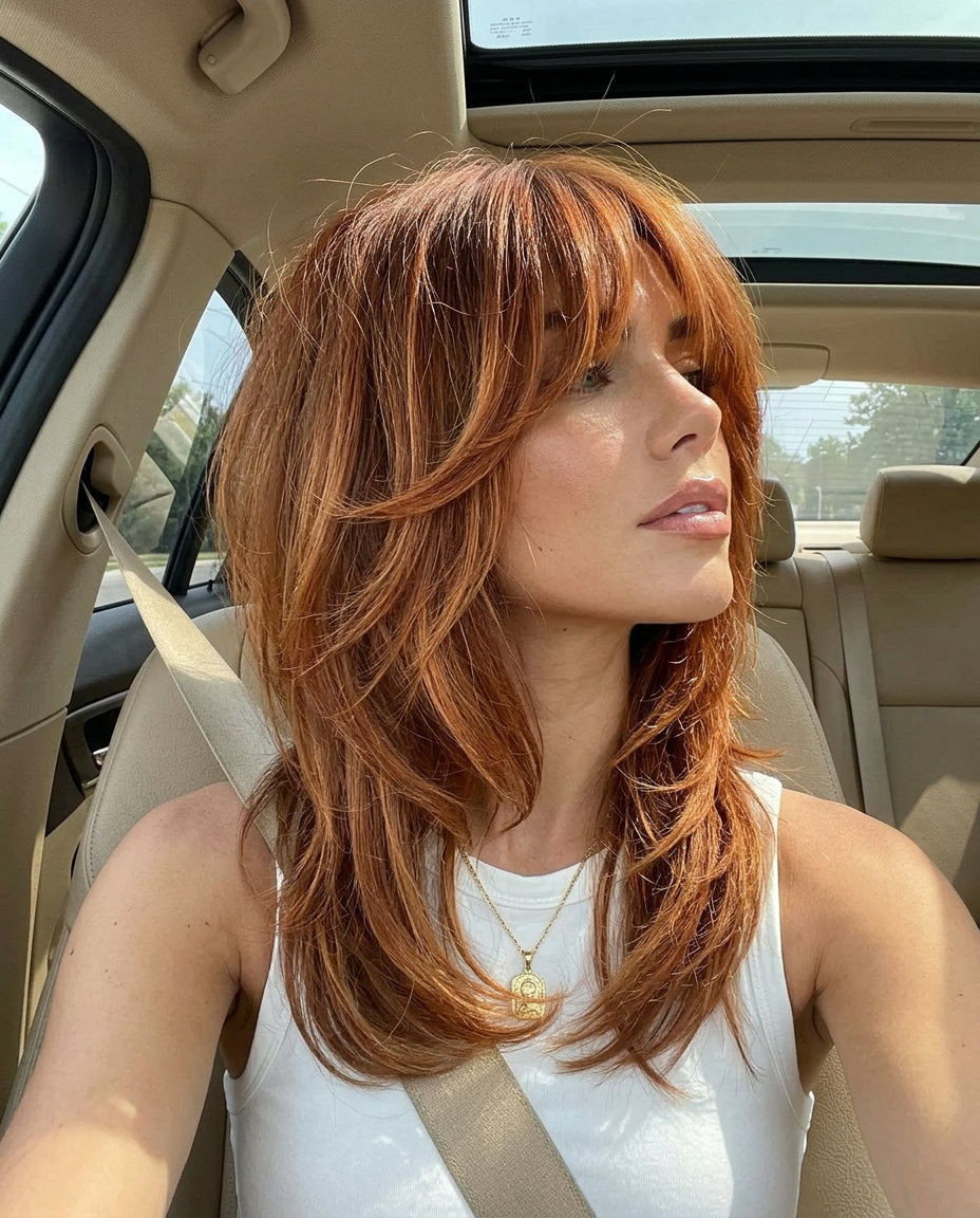 shoulder-length shag haircut with vibrant copper balayage on auburn base and curtain bangs