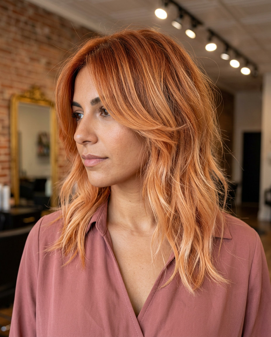 shoulder-length shag ombre with warm copper to peachy-gold, face-framing layers and choppy texture for playful vibe