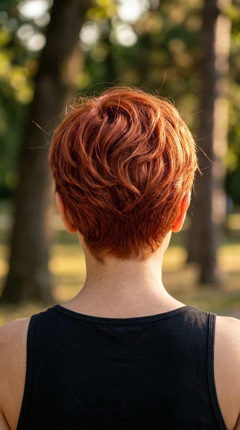 Copper Penny Shimmer Pixie 2026 very short pixie haircut in vibrant metallic copper with golden babylights for summer