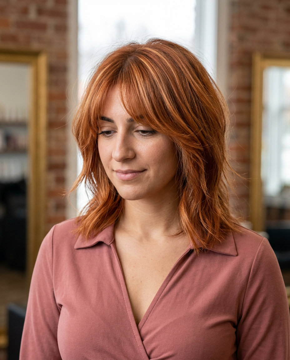 Cowboy Copper Shag-Lite: Summer Hair 2026 medium shag-lite haircut in cowboy copper with strawberry blonde highlights, wispy curtain bangs β edgy festival style
