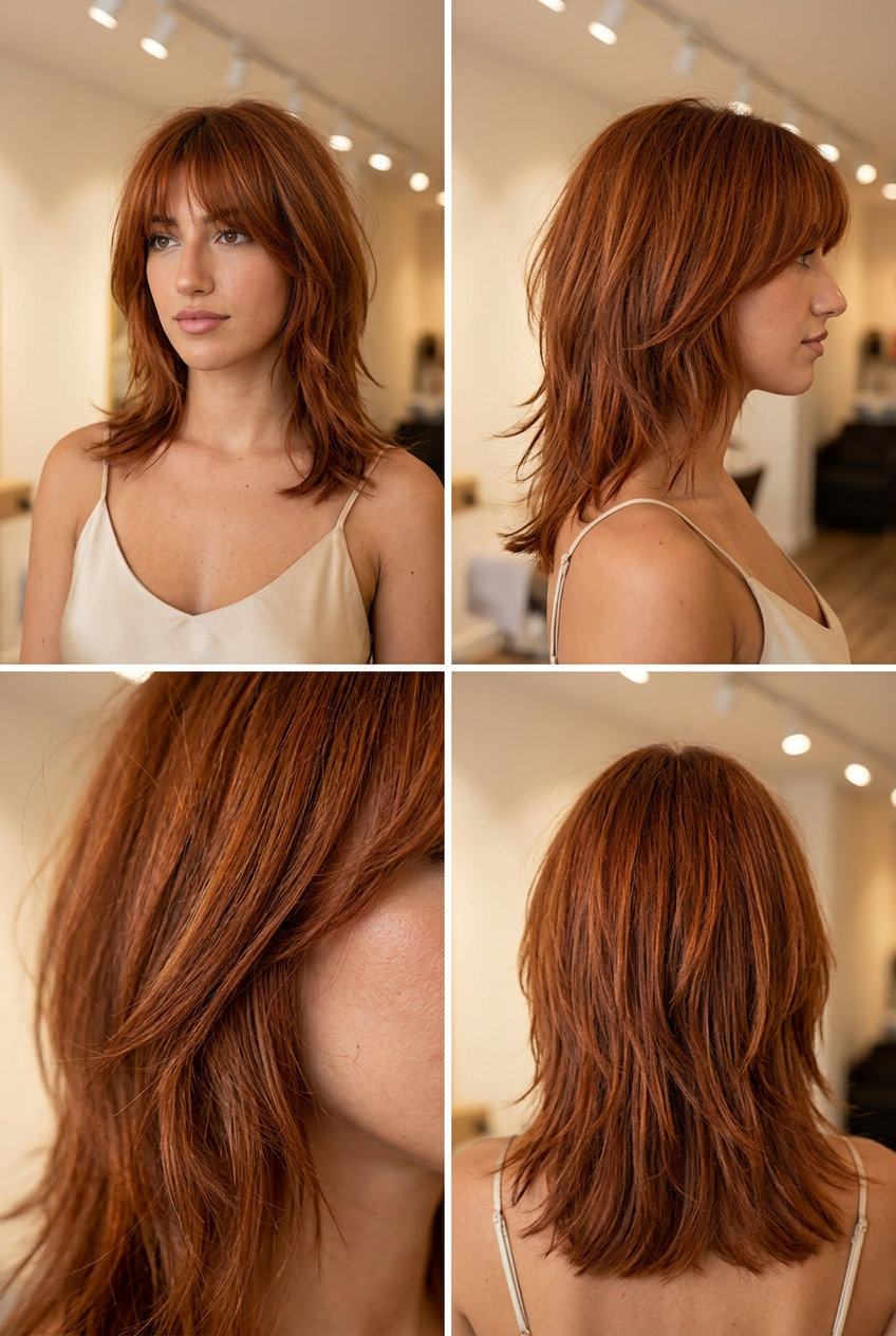 shag cowboy copper with warm penny undertones, full head application, curtain bangs — bold retro style