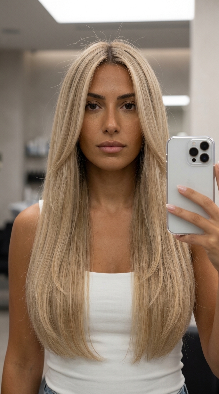 extra-long creamy blonde cascade with beige gloss and soft root shadow for luxury