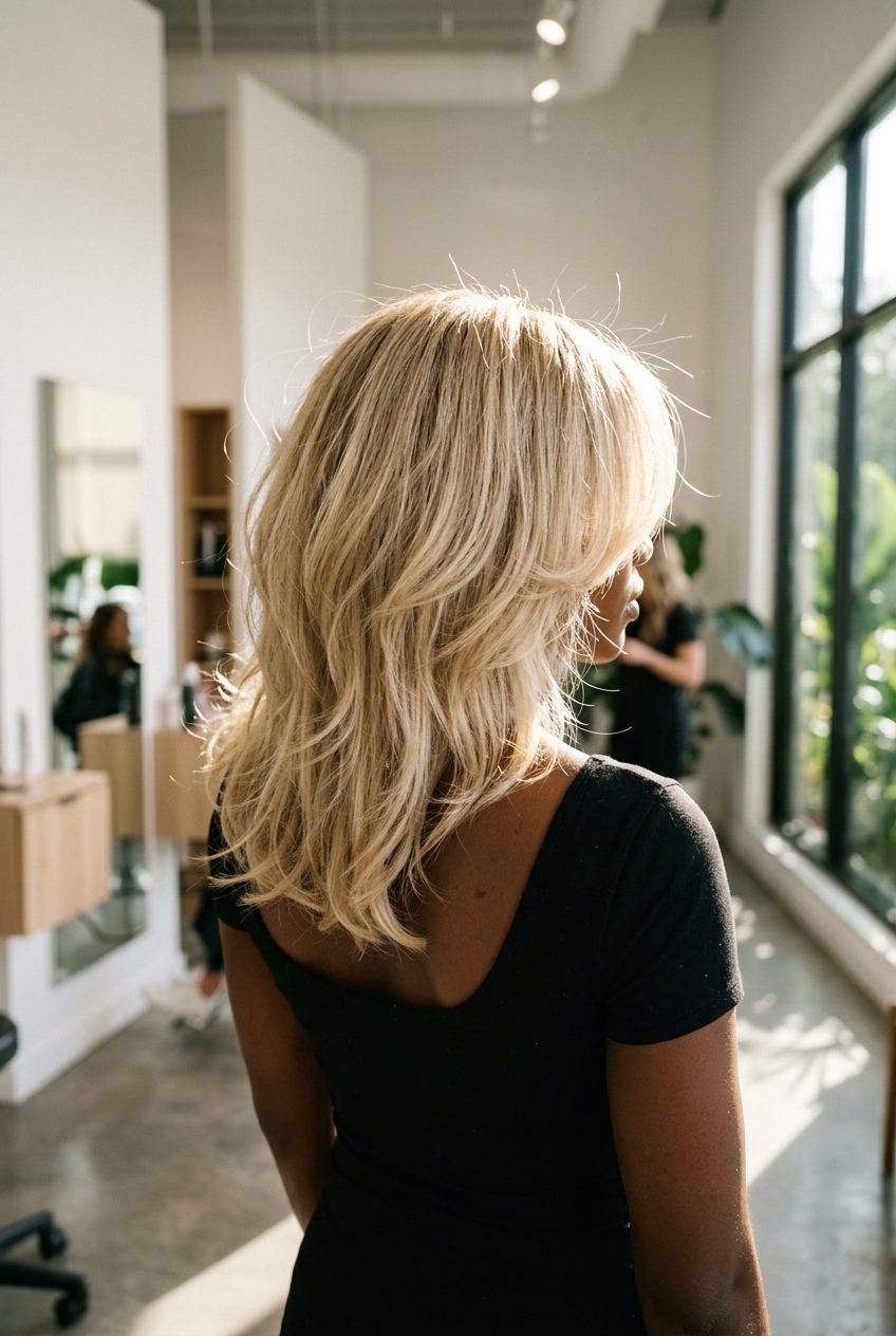 medium-long blonde shag with sweeping fringe and soft root smudge for retro volume