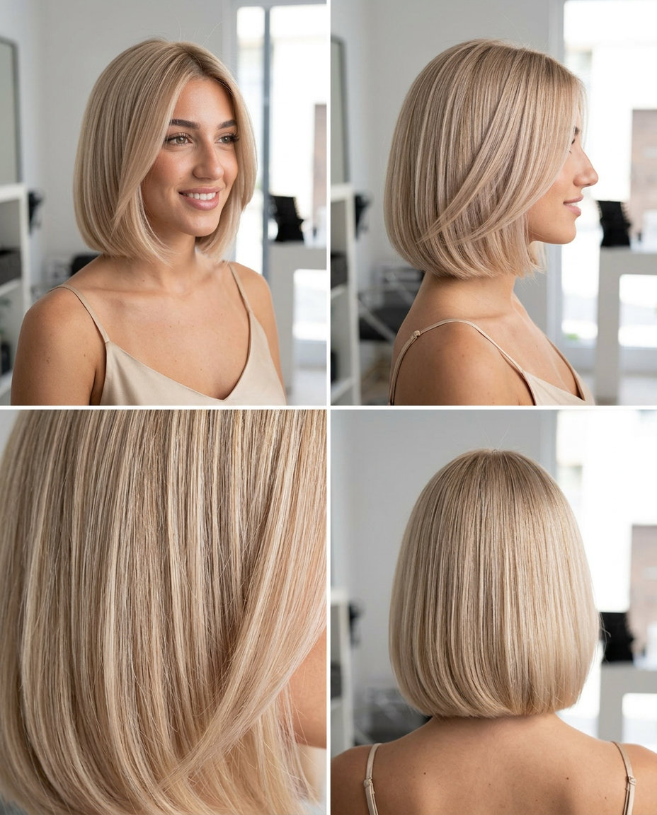 chin-length creamy champagne blonde bob with beige-violet undertones, babylights, blunt ends — elegant summer look