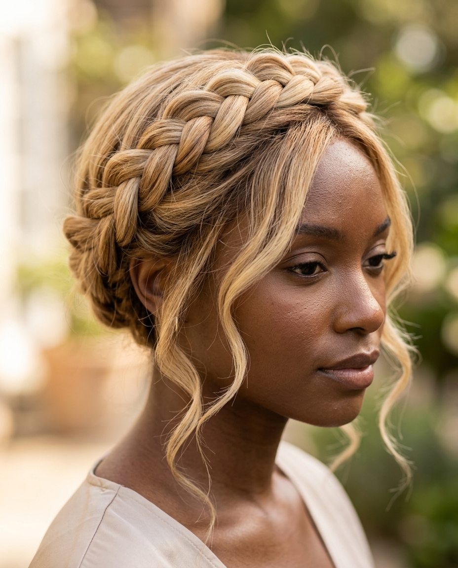 Ethereal Twisted Crown Braid 2026 long crΓ¨me brΓ»lΓ©e blonde twisted crown braid with face-framing tendrils, no fringe β romantic summer