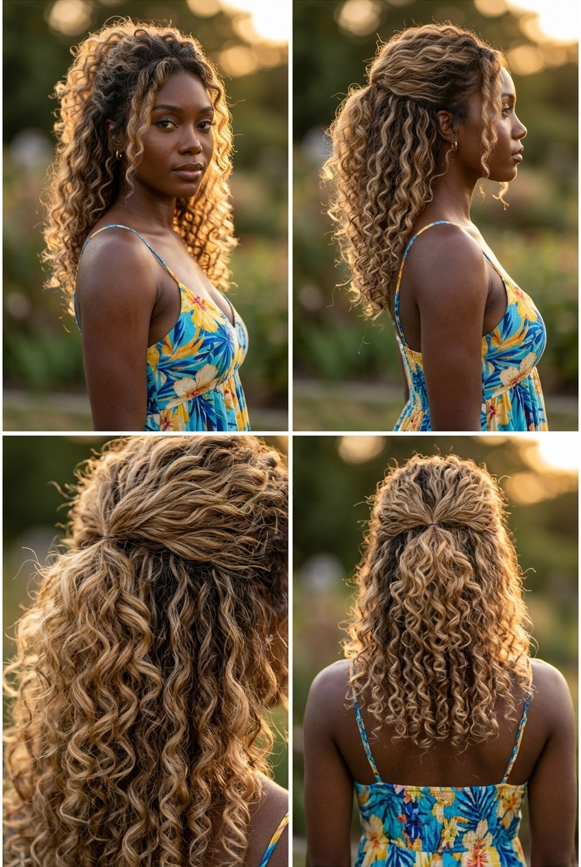 Summer Curl Crown 2026 long crΓ¨me brΓ»lΓ©e blonde half-up curls with golden highlights, no fringe β playful weekend