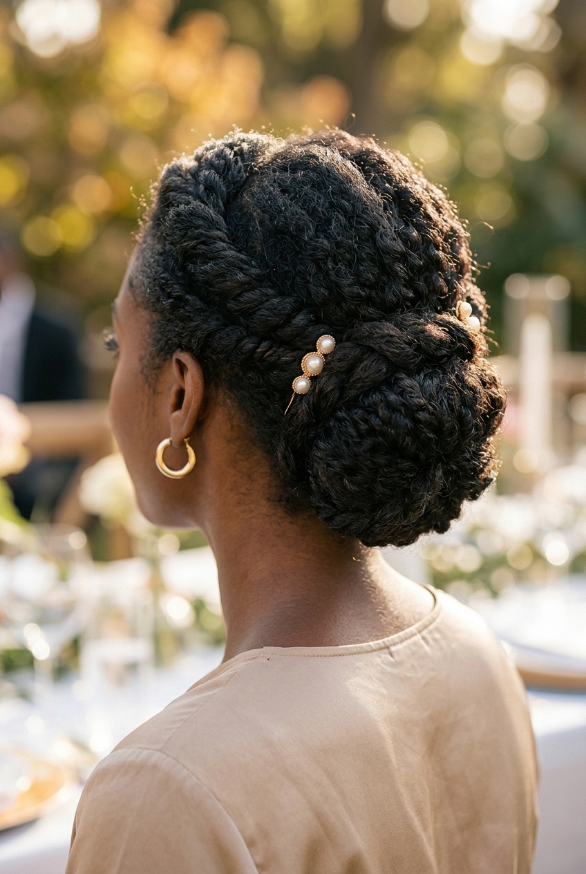Elegant Twisted Updo: Classic Summer Hairstyle 2026 long natural hair twisted updo with crème brûlée blonde highlights, gold pins for summer