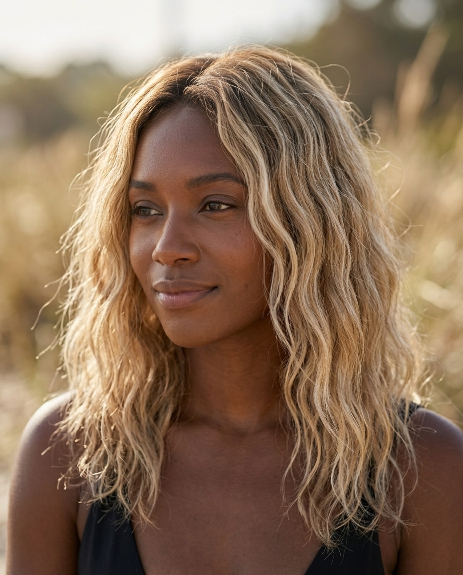 Crème Brûlée Beach Waves: Summer Hair 2026 shoulder-length natural hair beach waves with crème brûlée blonde, sea salt spray technique for summer
