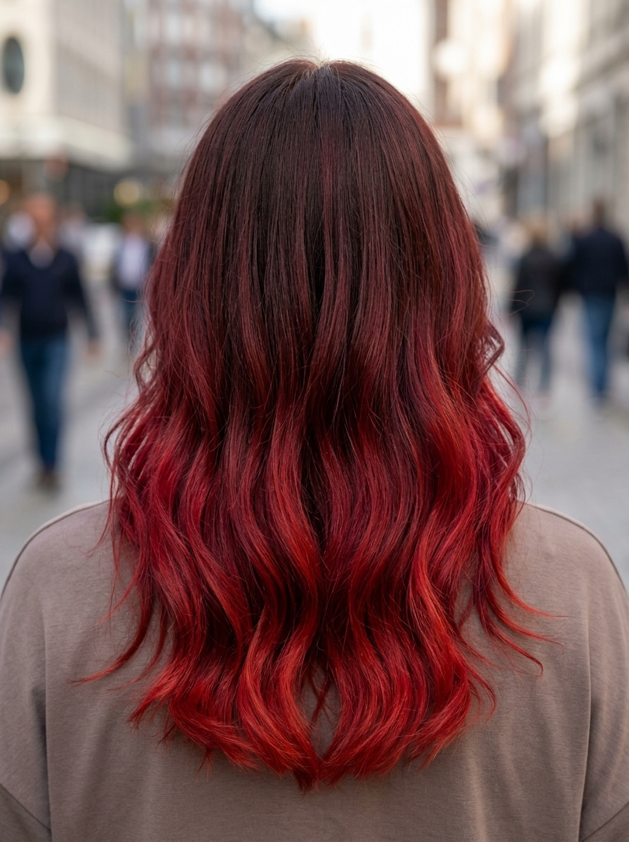 long sleek crimson ombré with dark root for dramatic impact