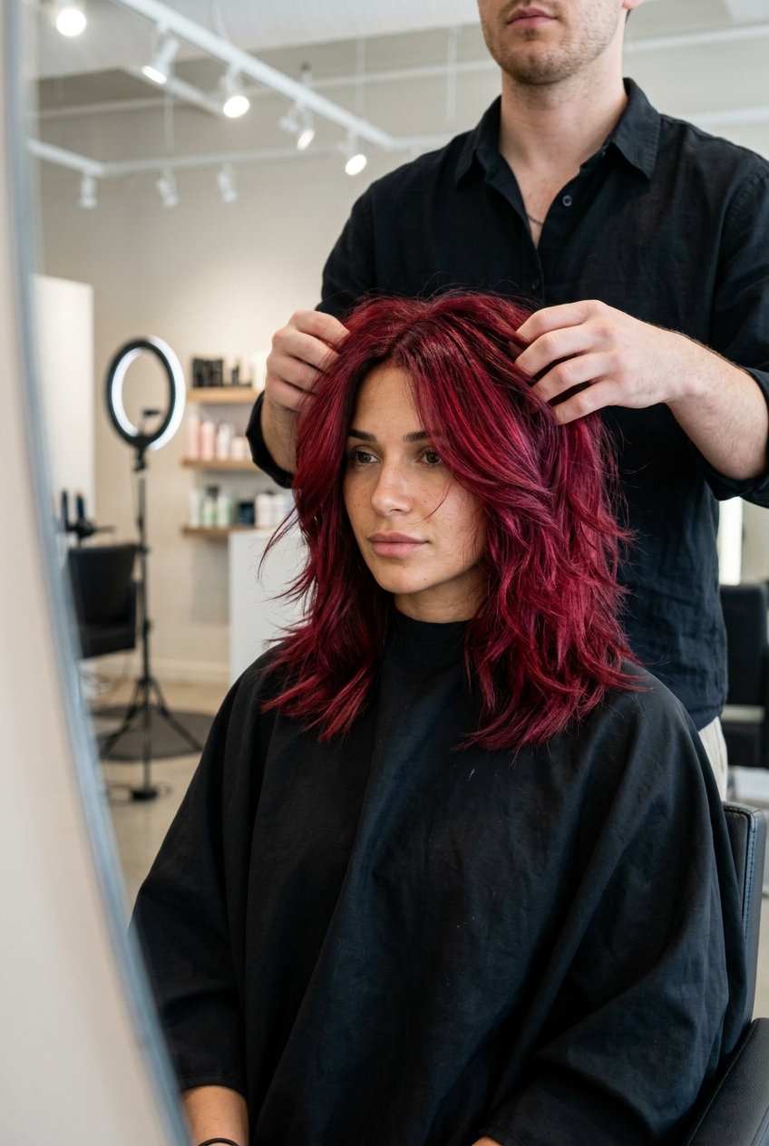 Crimson Summer Shag 2026: Bold Red & Textured Layers medium shag haircut with crimson red ruby violet undertones, heavy crown layers, choppy texture, soft fringe β edgy festival look