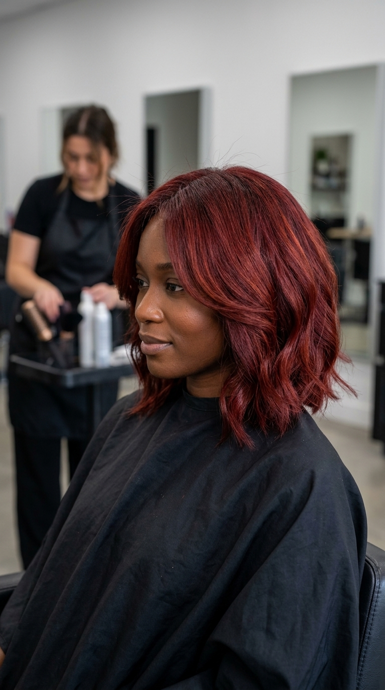 neck-length bob haircut in crimson red with graduated layers for glamorous look